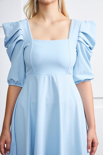lovebox Rochie de damă creponată cu mânecă scurtă, cu decolteu pătrat, lungime midi, evazată, albastru bebeluș