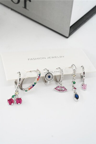 By Zeyna Aksesuar Kadın Vip Seri Mix Zirkon Taşlı 6'lı Küpe Seti