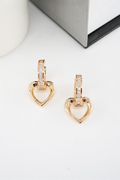By Zeyna Aksesuar Kadın Vip Seri Baget Zirkon Taşlı Sallantılı Kalp Model Klipsli 2'li Set Küpe