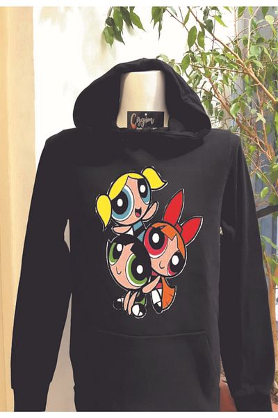 Pisa Art Unisex Μαύρο φούτερ με κουκούλα Powerpuff Girls με στάμπα