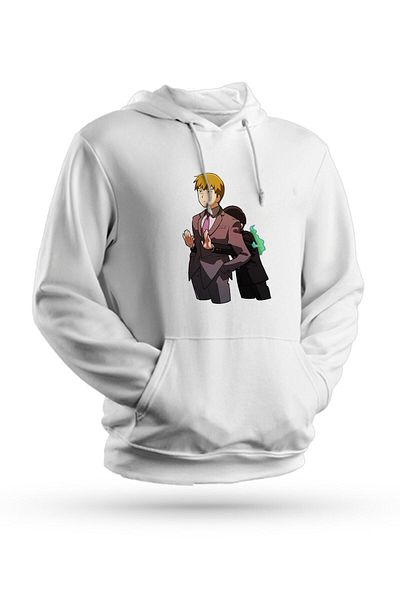 Pisa Art Anime Mob Psycho 100 εμπριμέ λευκό φούτερ Unisex με κουκούλα