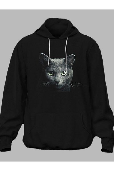 Pisa Art Унисекс суичър с качулка с черен принт от органичен материал K-art Cat Design