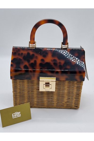 DSN Natural Straw Box Model Leopard Patterned Covered Hand and Shoulder Bag