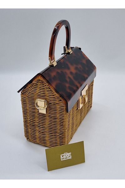 DSN Natural Straw Box Model Leopard Patterned Covered Hand and Shoulder Bag
