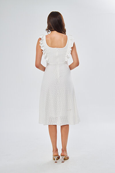 lovebox Γυναικεία φόδρα, ευέλικτα υφασμάτινα μανίκια, λουλουδένιο λεπτομερές μίντι λευκό φόρεμα 084