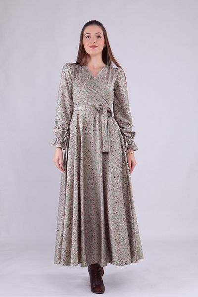 NO48 Mint Green Floral Patterned Maxi Length Velvet Fabric Long Sleeve Dress