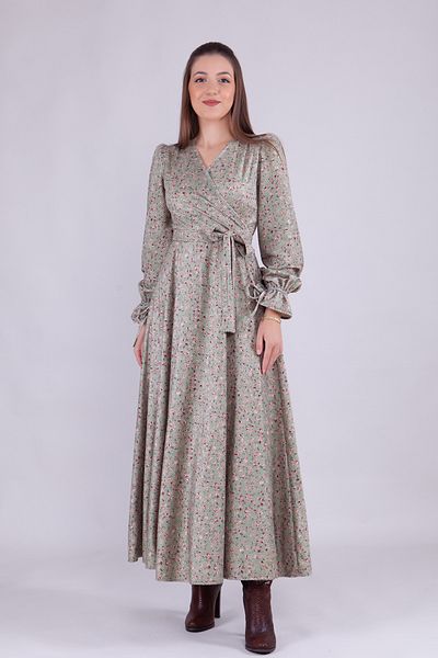 NO48 Mint Green Floral Patterned Maxi Length Velvet Fabric Long Sleeve Dress