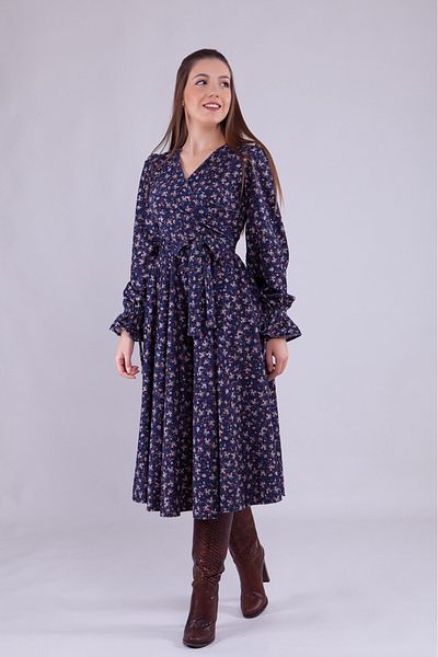 NO48 Navy Blue Floral Patterned Midi Length Velvet Fabric Long Sleeve Dress