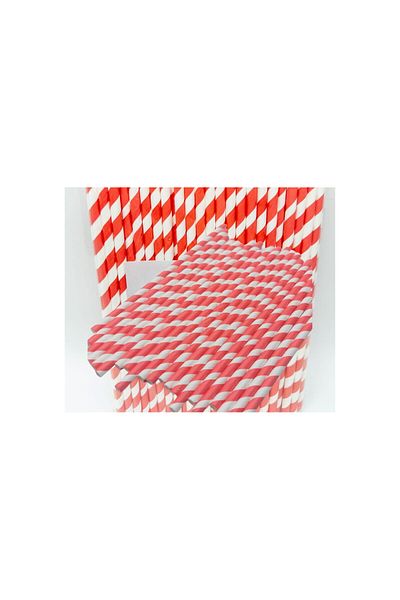 Pars Paper Straws Red White 100 Pieces 6 Mm*20 Cm- Nature Friendly Recyclable Paper Straws