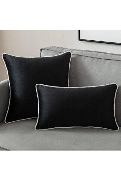 Bc Home 2'li Beyaz Kenar Biyeli Siyah Kırlent Kılıfı Seti, Kadife Görünümlü