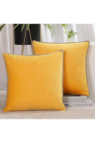 Bc Home 2'li Gri Kenar Biyeli Sarı Kare Kırlent Kılıfı Seti, Kadife Görünümlü...