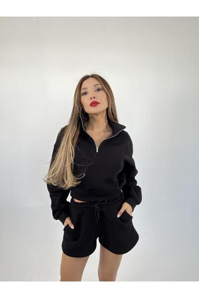 BosFonis Kadın Siyah Renk Üç İplik Kışlık Kazak Şort Takım