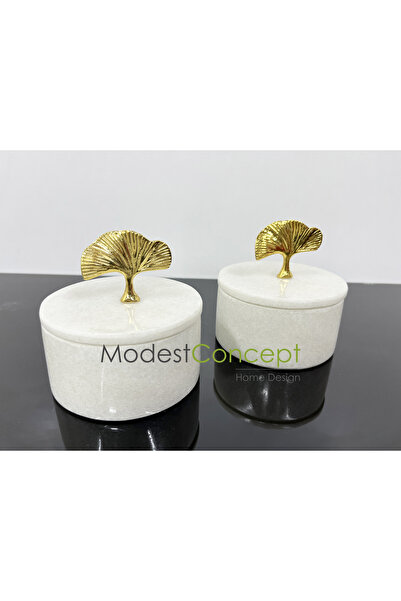 Modestmar Doğal Mermer Kase, Gold Gingko Aksesuarlı Kapaklı Mermer Kase, Deko...