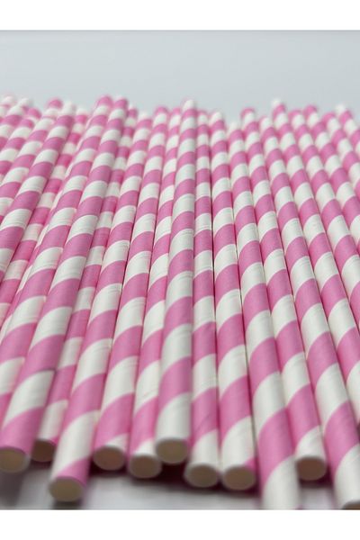 Pars Paper Straws Pink White 100 Pieces 6 Mm *20 Cm- Nature Friendly Recyclable Paper Straws