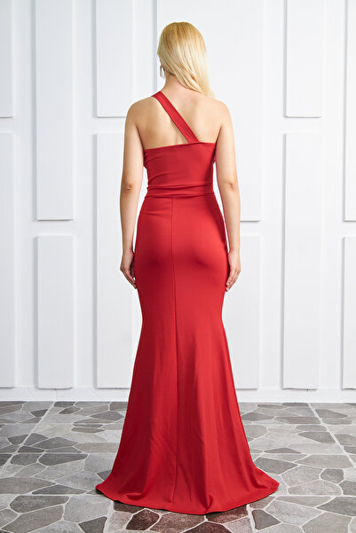 bayansepeti Női rugalmas búvárszövet aszimmetrikus galléros sellő vágott hosszú piros ruha 582211