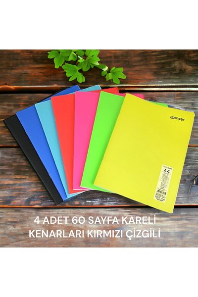 SEYFİKİRTASİYE 4 قطع A4 60 ورقة مخيطة مخيطة بألوان النيون غطاء بلاستيكي دفتر 60 جرام صفحة بيضاء (لون مجمع)