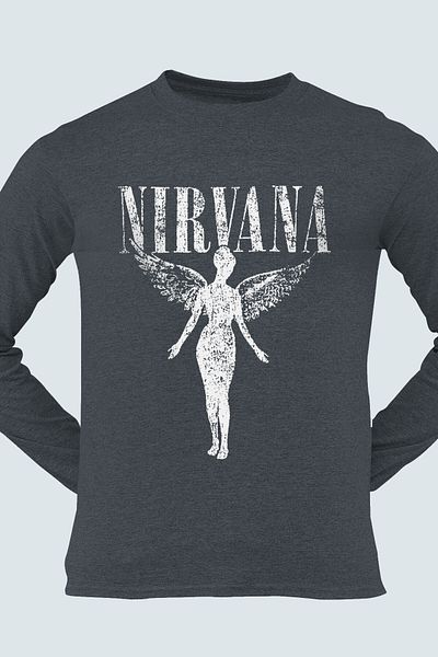 ROCKANDROLL Ανδρικό χτενισμένο βαμβακερό μπλουζάκι Angel Nirvana Crew με μακρυμάνικο ανθρακί