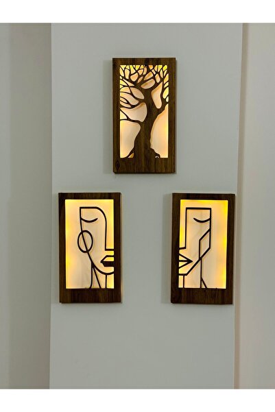 evdeucuz Peri Ledli 3lü Kadın Yüz Bohem Ahşap Işıklı Tablo(PİLLER DAHİL)