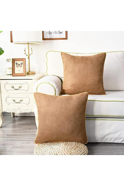Bc Home Set of 2 Camel Feather Throw Pillow Covers with Gold Edge Piping, Vel...