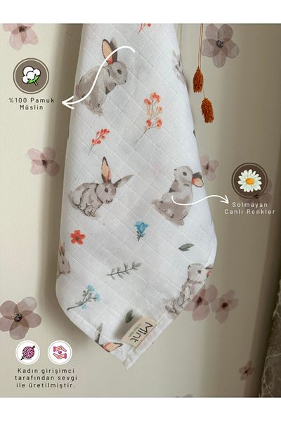 MİNT COLLECTİON Single Layer Muslin Baby Blanket with Rabbit