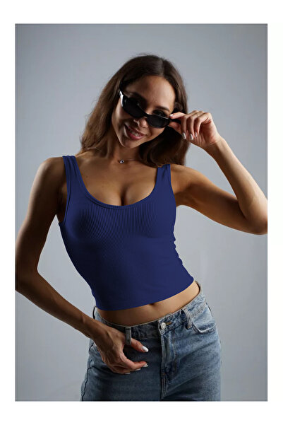 MİSTİRİK Marsala Модель Стягуючий байкерський кроп-топ з трикотажу та безшовний модель синього кольору