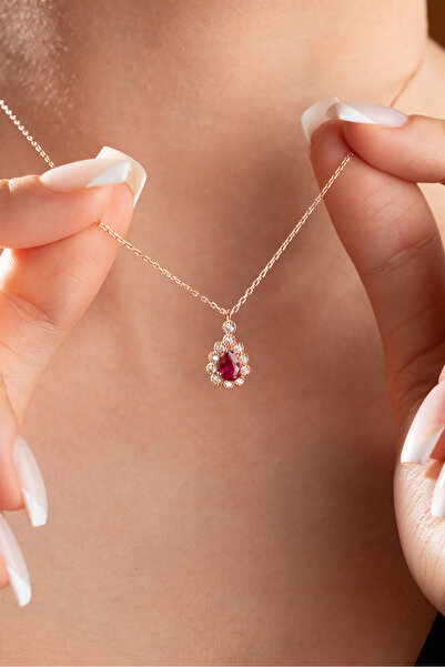 Nereze 925 Ayar Gümüş Elmas Montür Damla Kırmızı Zirkon Taşlı Kolye