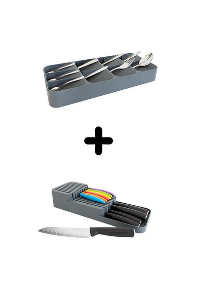 devigo Black 2-Piece Organizer Set - 2 Rows of Knives and 9 Compartment Drawer