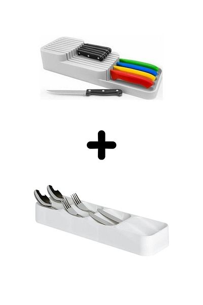devigo White Organizer Set of 2 - Knife Holder, Drawer and Spoon Holder Distorted Pieces