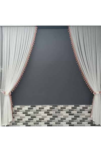 Art Perde 2 Wing Background Curtain with Dried Rose Tassels Floral 2 Wing Tulle Background Curtain