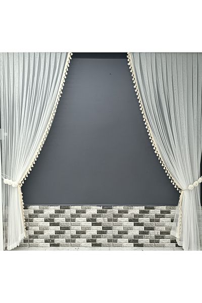 Art Perde 2 Wings Background Curtain Cream Tasseled Floral 2 Wings Tulle Background Curtain