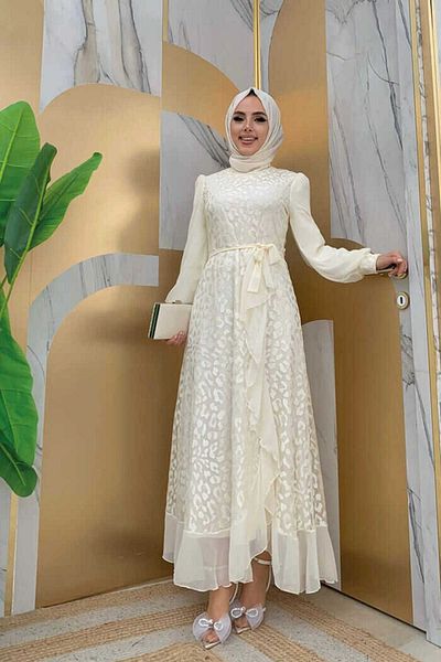 Bym Fashion Φόρεμα Lace Look Chiffon με λεπτομέρεια βολάν 3783 εκρού