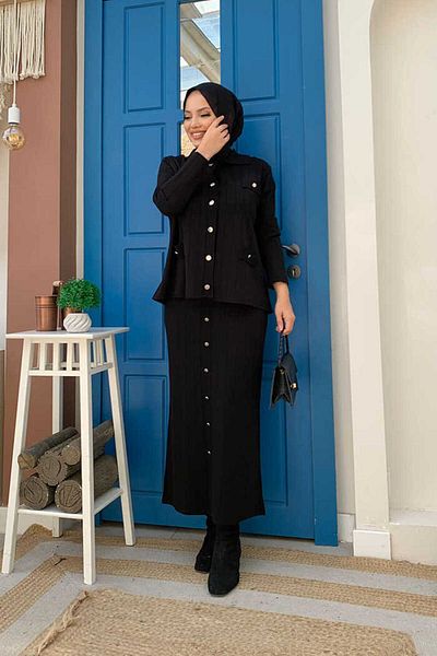 Bym Fashion Κουμπί Λεπτομερής Δίκλινο Κοστούμι με φούστα Pocket Look 23306 Μαύρο