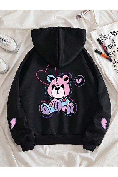 Adrift Hanorac căptușit cu fermoar și glugă cu șnur, cu imprimeu cu urs și in...