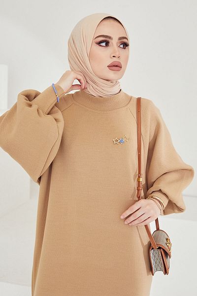InStyle Mina Balloon Sleeve Knitwear Hijab Dress - Camel