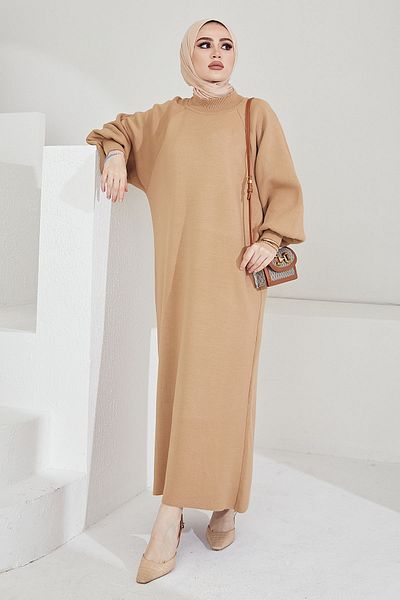 InStyle Mina Balloon Sleeve Knitwear Hijab Dress - Camel