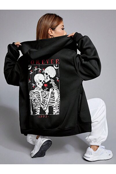 Adrift Hanorac cu glugă cu fermoar cu schelet și litere, negru