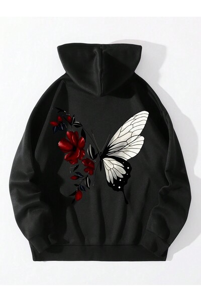 Adrift Hanorac cu glugă căptușit cu șnur cu imprimeu floral și fluture, negru