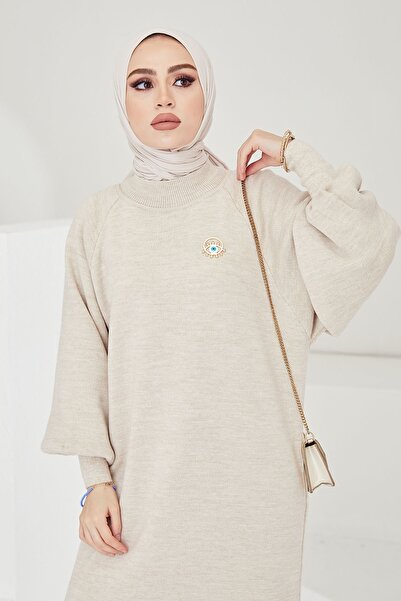 InStyle Mina Balon Kol Triko Tesettür Elbise - Ekru