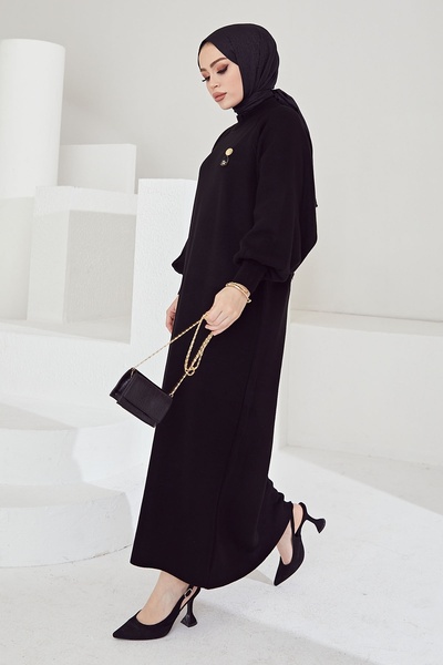 InStyle Mina Balon Kol Triko Tesettür Elbise - Siyah