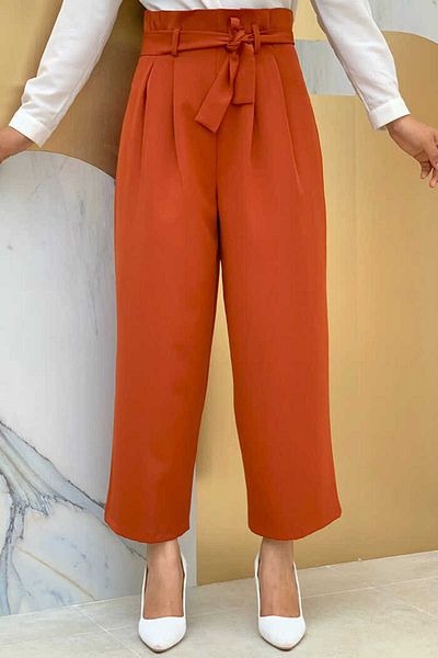 Bym Fashion Zippered Waist Lace-up Trousers 0174 Tile
