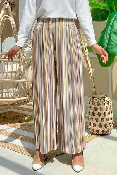 Bym Fashion Colorful Line Patterned Trousers with Elastic Waist 0204 Mustard