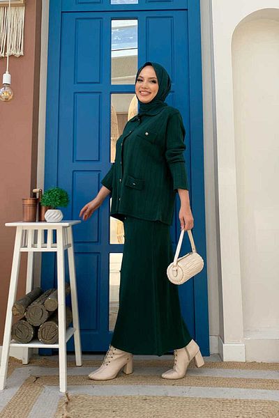 Bym Fashion Κουμπί Λεπτομερής Δίκλινο Κοστούμι με φούστα Pocket Look 23306 Emerald
