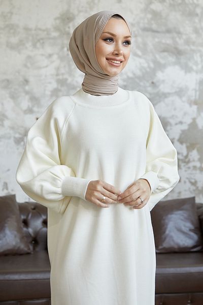 InStyle Rochie tricotaje Mina cu mâneci cu balon - Albă
