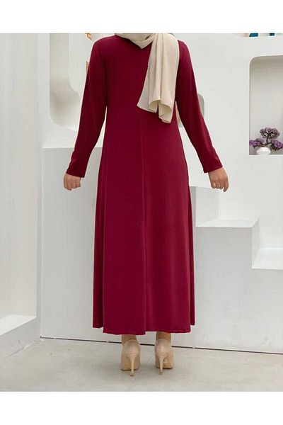 Bym Fashion Μεγάλο μέγεθος ίσιο πλήρωμα λαιμόκοψη μακρυμάνικο εσωτερικό αμμώδες φόρεμα 3202-1 Claret Red