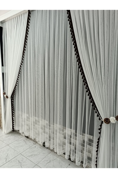 Art Perde Tulle Curtain and Background Curtain Tasseled Background Curtain Set