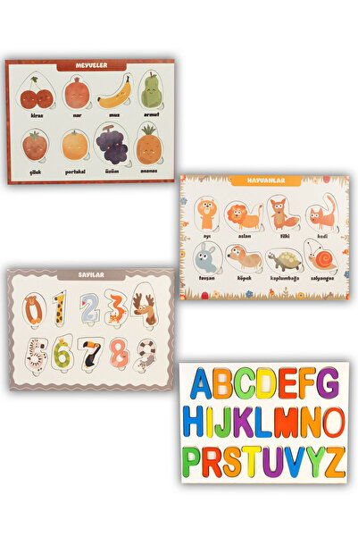 Capellawoodworks E - Ahşap Alfabe Meyve Rakam Hayvanlı 4'ü Bir Arada Puzzle O...