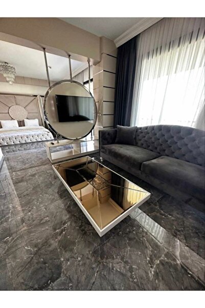 LUXURY VİLLA Luxury Bronz Aynalı Orta Sehpa Yanları Beyaz Lake 80x150 Yükseklik 35cm