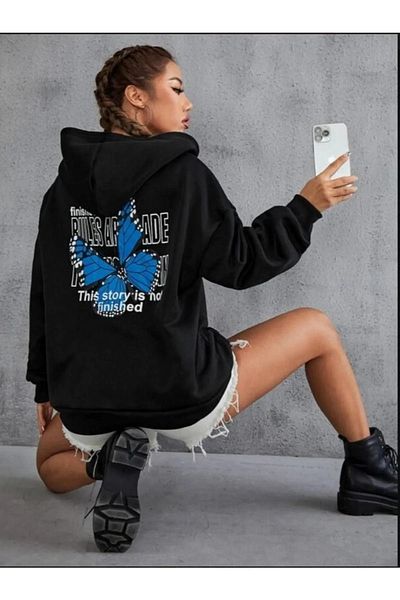 BOHEMGİYİM Hanorac negru oversize cu flori fluture de damă