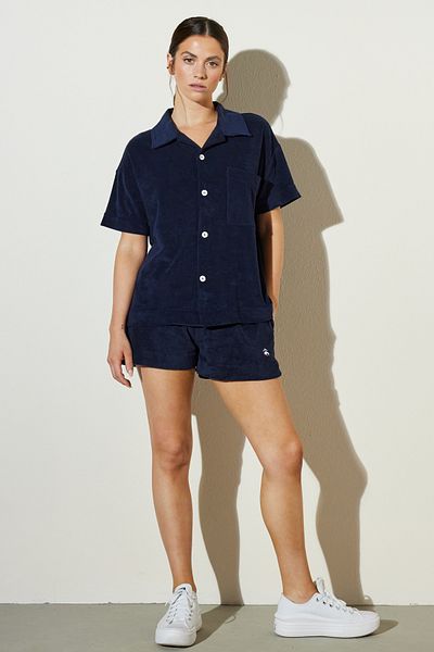 BROOKS BROTHERS Marineblaues Damenhemd mit Polokragen und kurzen Ärmeln und Taschen