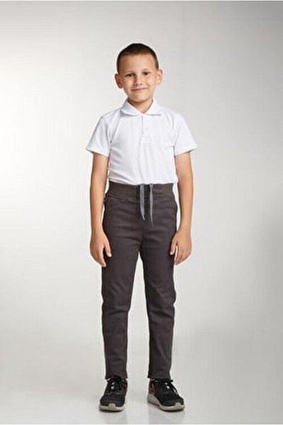 OKULCA Children's Smoked Waist Ribbed Lycra Canvas School Trousers